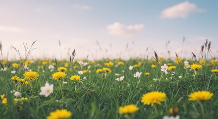Obraz premium Sunlit Wildflower Meadow with Yellow Dandelions and White Flowers Under Blue Sky