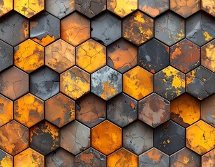 Hexagonal, textured, rusty orange, black, and gray pattern