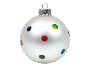 White matte ornament with scattered colorful polka dots