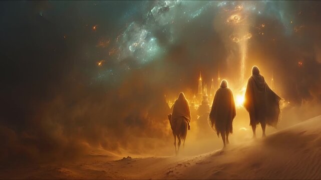 Three Wise Men Following the Star with Gifts Under A Bright Starry Sky