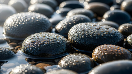 Shimmering black stones in water