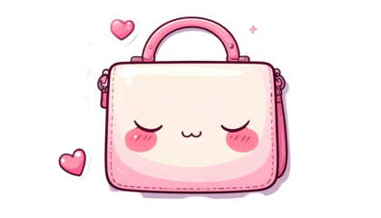 Cute, pink kawaii handbag with closed eyes, blush cheeks, hearts, and a handle, isolated