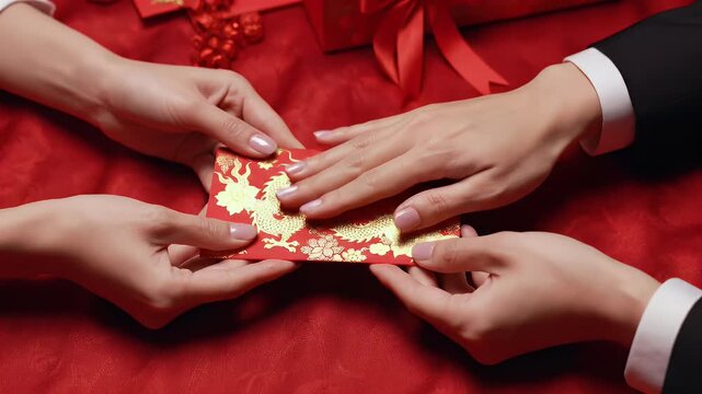Close Up of Hands Exchanging Red Envelope with Gold Dragon Design for Lunar New Year