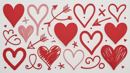 A creative collection of red and pink heart shapes with romantic doodles and arrows