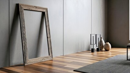 Empty Rustic Wood Frame Leaning Against Gray Wall With Minimalist Decor and Wooden Floor.jpg