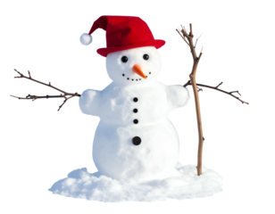 Cheerful snowman with red hat and carrot nose