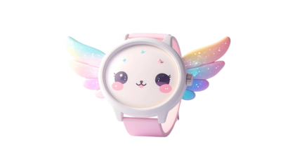 Whimsical cartoon watch with kawaii face, pink band, and colorful, iridescent angel wings