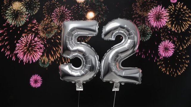 Silver balloon number 52 with fireworks in the background. Festive scene for birthday or anniversary party