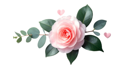 A delicate pink camellia, green leaves, and eucalyptus against a black backdrop, with hearts