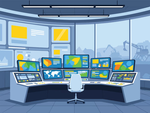 Control room with multiple monitors displaying data and a construction site view