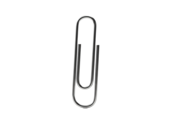 Hyperrealistic macro shot of a single silver paper clip with a chrome finish on a transparent background. Minimalist business supply concept