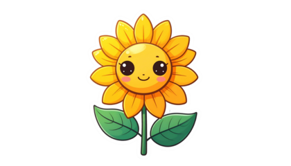 Cute cartoon sunflower with big eyes, green leaves, and a smiling face against black
