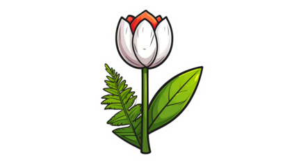 A stylized cartoon tulip with a white petal outline and red interior, with fern & leaf
