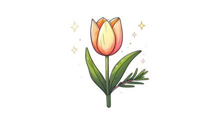 A cartoon tulip with a peach-toned bloom, green stem/leaves, and sparkling stars