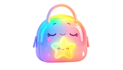 Cartoon rainbow handbag with cute closed eyes, star emblem, soft glow, and a handle