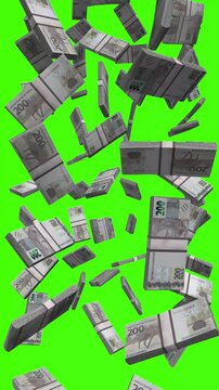 Vertical Brazilian Real bills falling on chromakey, BRL finance animation 