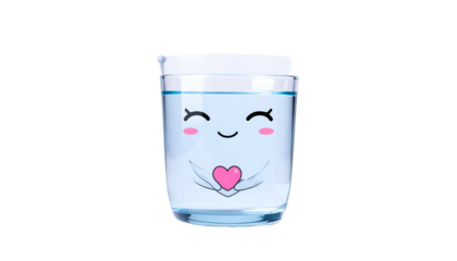 A smiling cartoon glass of water with arms holding a pink heart on a black background