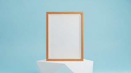 Empty Wooden Frame Light Blue Background Minimalist Simple Geometric White Pedestal.jpg