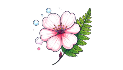 Delicate pink flower with fern and bubbles on black background