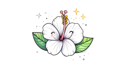 Whimsical illustration of a smiling white flower with leaves and sparkling accents on black background