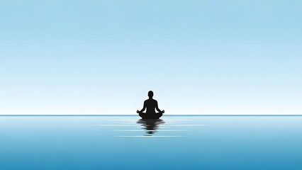 A serene silhouette of a person meditating in a lotus position on calm water with a vast sky.