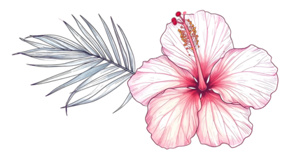 Watercolor-style floral illustration featuring a hibiscus blossom and a silver fern frond