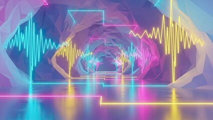 Vibrant neon light waves illuminating a futuristic tunnel with rhythmic visual effects