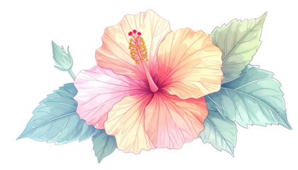 Delicate illustration of a blooming hibiscus flower with soft pink and yellow petals