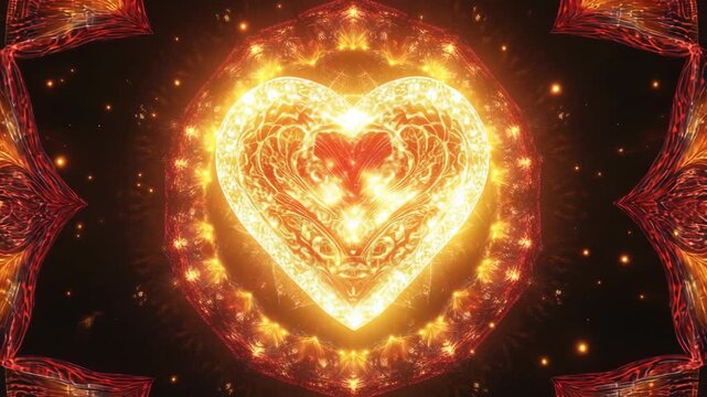 Burning heart artwork with mandala style. A glowing heart with intricate details framed by an artistic mandala