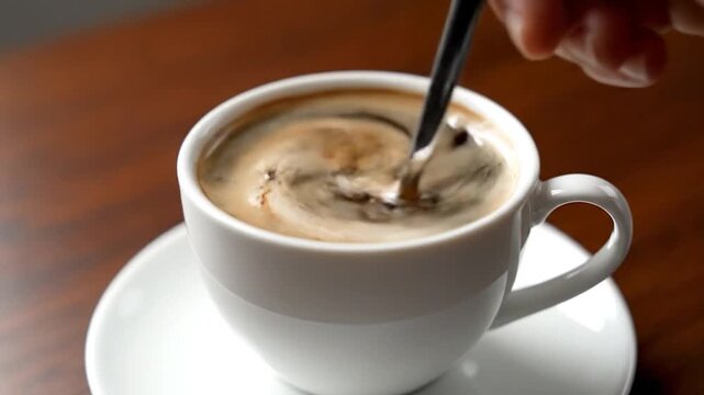Close-up of a hand stirring a cup of frothy coffee on a saucer