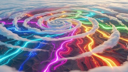 Vibrant neon lightning spiral weaving through colorful clouds in a surreal skyscape
