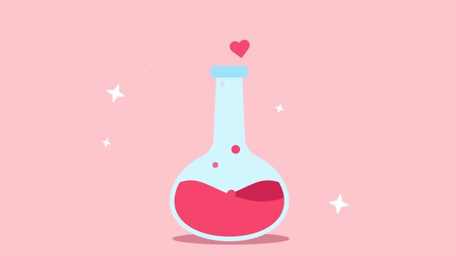 Animated love potion flask with bubbling pink liquid, sparkles and hearts on pink background