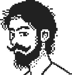 Pixel art portrait of a bearded man with mustache and short hair in black and white