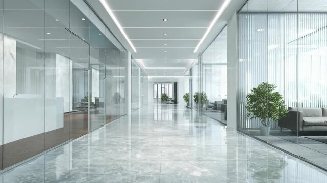 A modern, bright office corridor with glass walls and reflective floors, exuding a sense of openness and professionalism