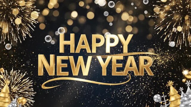 Happy New Year golden and silver lettering with fireworks explosion, bokeh lights, and decorative celebration elements for holiday greeting card