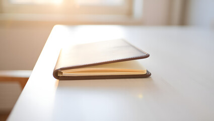 Book and pen on table with notebooks and papers