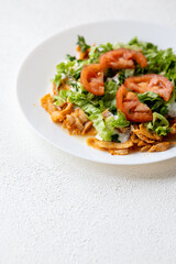 Close-Up of Chicken Kapsalon with Turkish Doner on White Plate