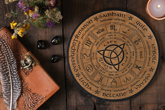 Overhead view of a wooden Wheel of the Year engraved with the eight pagan festivals. Spiritual and wicca concept.