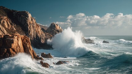 Majestic ocean waves crashing against rocky coastal cliffs under a clear blue sky.