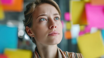 Caucasian female young adult contemplating ideas among colorful sticky notes.