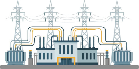 Obraz premium Electrical substation illustration with transmission towers transformers and connecting cables