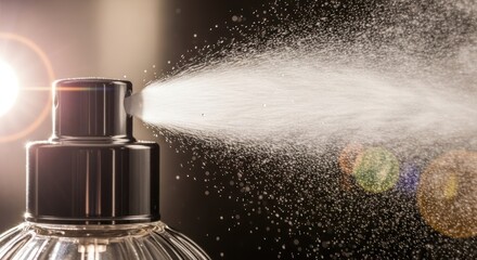 Fine atomized mist spraying from a perfume bottle, beautifully highlighted by dramatic lighting and