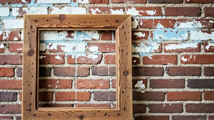 Empty Wooden Picture Frame Against Peeling Blue and White Brick Wall.jpg