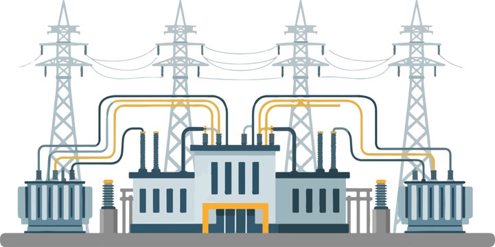 Electrical substation illustration with transmission towers transformers and connecting cables