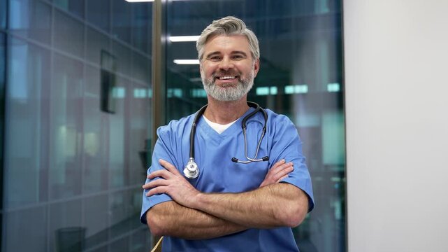 Portrait of smiling mature doctor in blue coat standing with crossed arms office looking at camera. Happy bearded gray haired male professional medical worker physician posing in hospital clinic