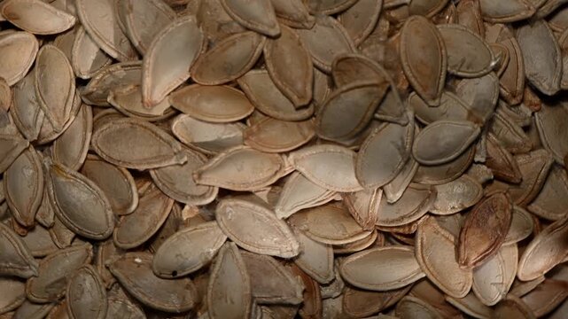 A seamless 4K video loop of roasted pumpkin seeds rotating smoothly on a dark surface, filmed from a top-down angle. The clip highlights the seeds' organic shapes, earthy colors, and textured surfaces