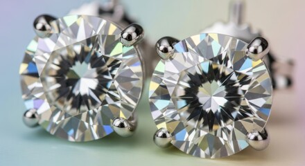 A pair of brilliant round stud earrings featuring shimmering diamond facets captured in a detailed