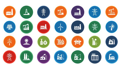 Collection of Industrial Icons in Colored Circles.