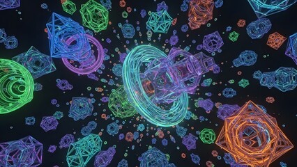 Vibrant neon geometric shapes and abstract polygons glowing brightly against a dark background, creating a futuristic pattern.