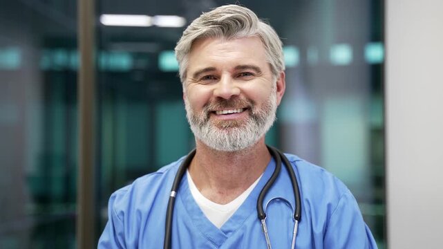 Portrait of smiling mature doctor in blue coat at the workplace in modern hospital clinic looking at camera. Headshot of a happy bearded gray-haired medical worker physician posing in office. Close up